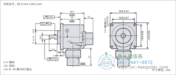 RI58-O/RI58-T標(biāo)準(zhǔn)實(shí)心軸光電增量編碼器外形及安裝尺寸(方形法蘭，63.5mm×63.5mm) 德國hengstler(亨士樂)編碼器