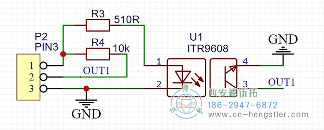 ITR9608是一種常見的對射式光電開關(guān)，加兩個電阻就可以使用了，設(shè)計了簡單的原理圖