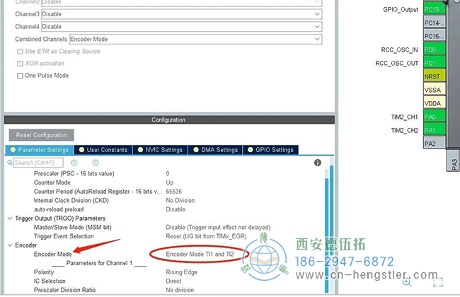 配置一下編碼模式，選擇“……TI1 and TI2”，這樣就會上升下降沿都計數(shù)，實際脈沖數(shù)數(shù)值上是柵格的4倍。